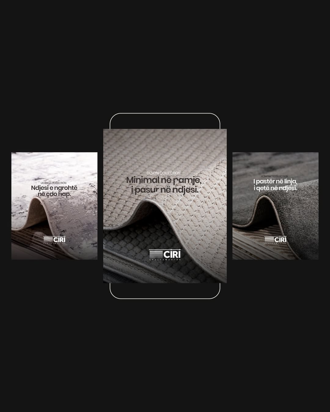 Ciri Tepiha social media posts — phone mockup with three carousel cards