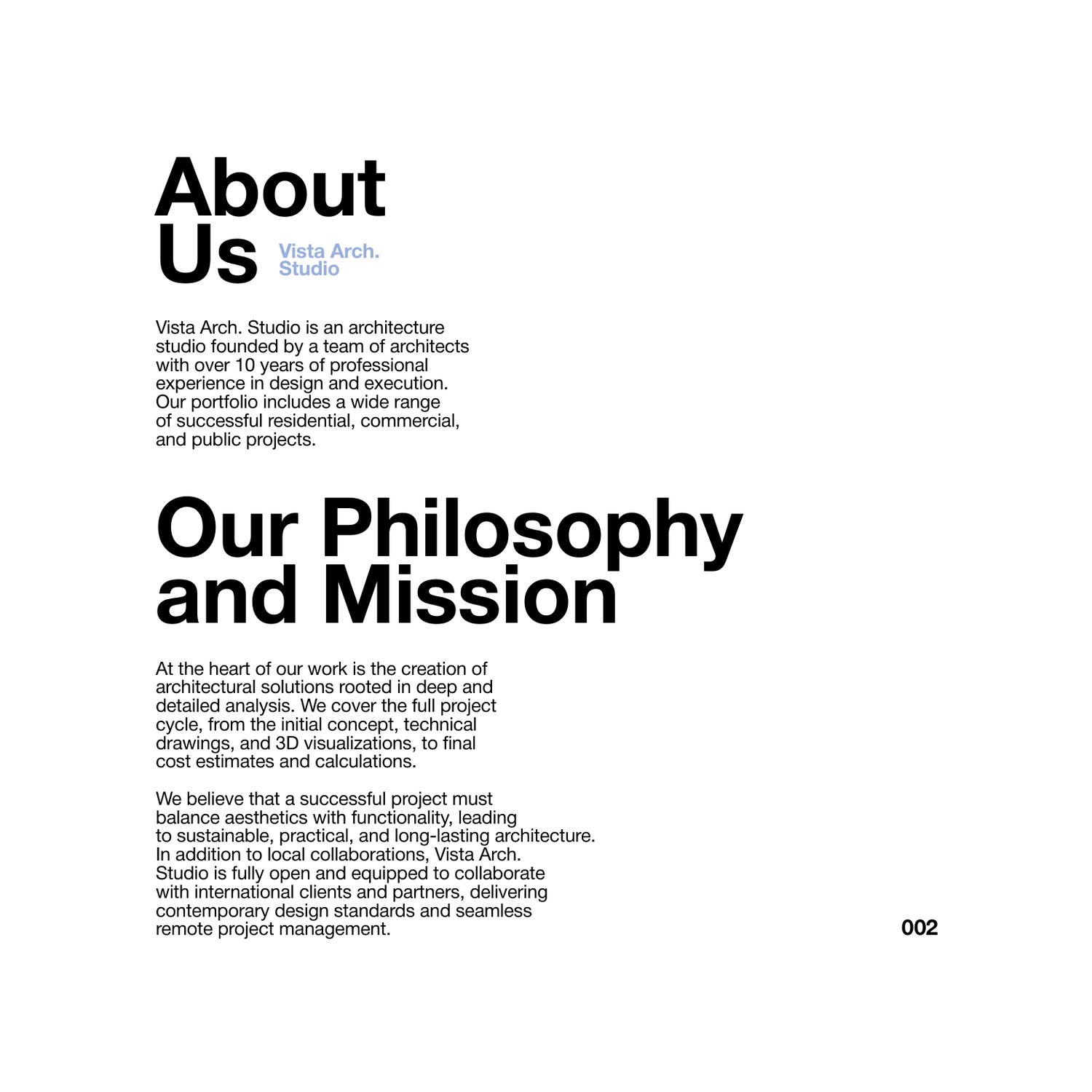 Vista Architectural Studio portfolio — About Us and Our Philosophy and Mission page